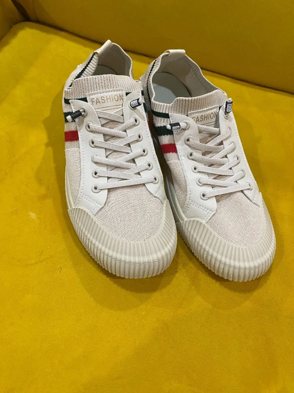 Vintage Inspired White Knit Fashion Sneakers | Green Red Stripe Casual Shoes